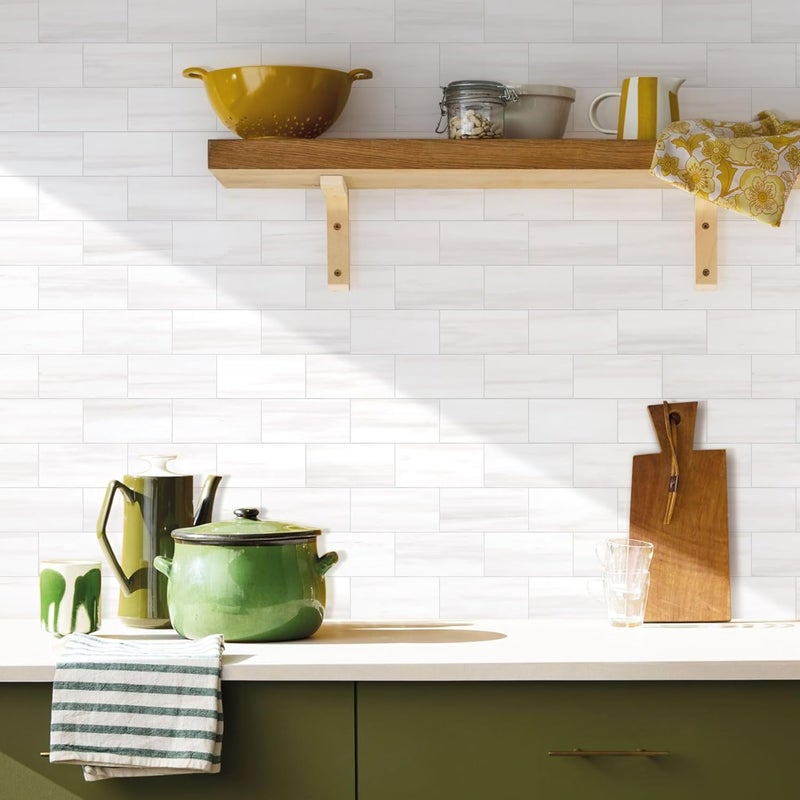 Vamos Tile 100-Piece Glossy Dolomite White Peel and Stick Backsplash Tile,3''x6'' PVC Subway Tile with White Grout, Stick on Backsplash for Kitchen/Bathroom/Fireplace - Image 3